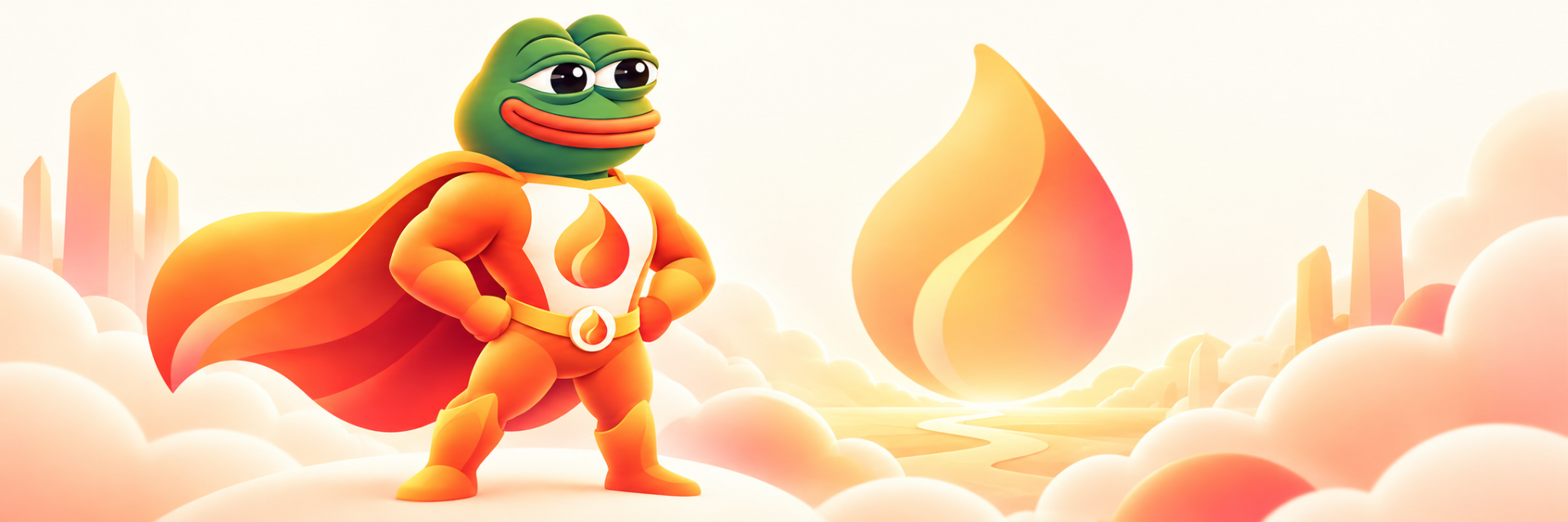 Emberpepe standing above the clouds beside a flame symbol