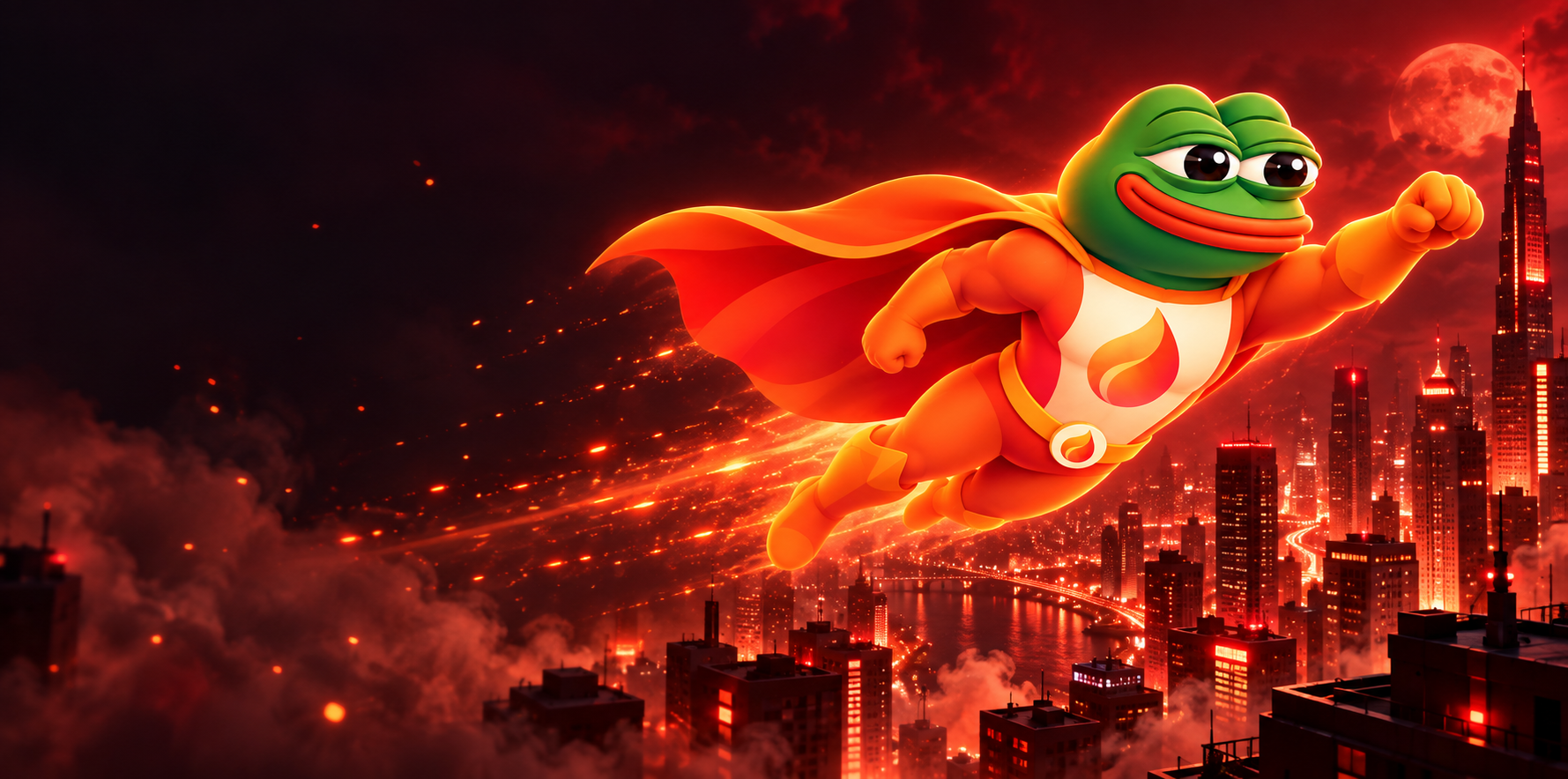 Emberpepe flying over a glowing city at night
