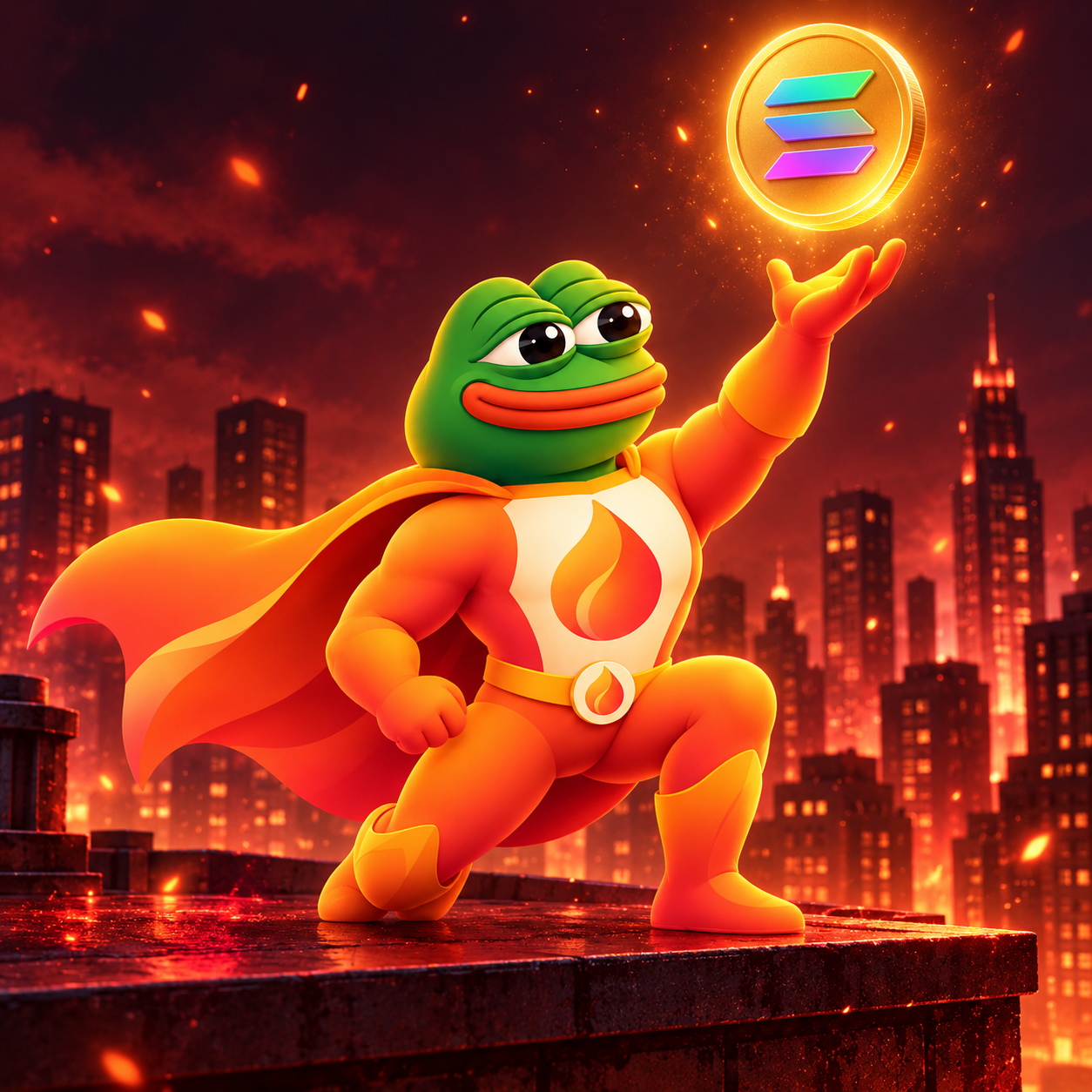 Emberpepe lifting a glowing Solana coin above the city